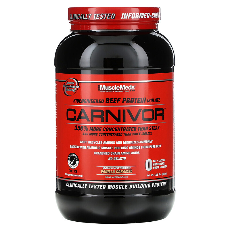 

MuscleMeds, Carnivor, биоинженерный изолят говяжьего протеина, ванильная карамель, 888 г (1,95 фунта)