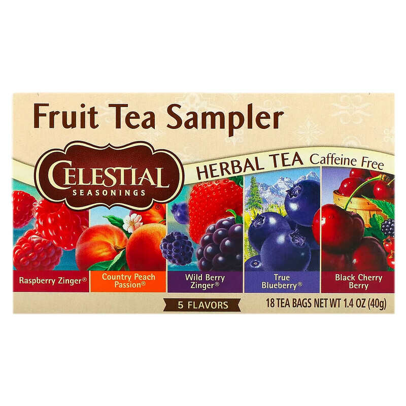 

Celestial Seasonings, Fruit Tea Sampler, без кофеина, 5 вкусов, 18 чайных пакетиков, 40 г (1,4 унции)