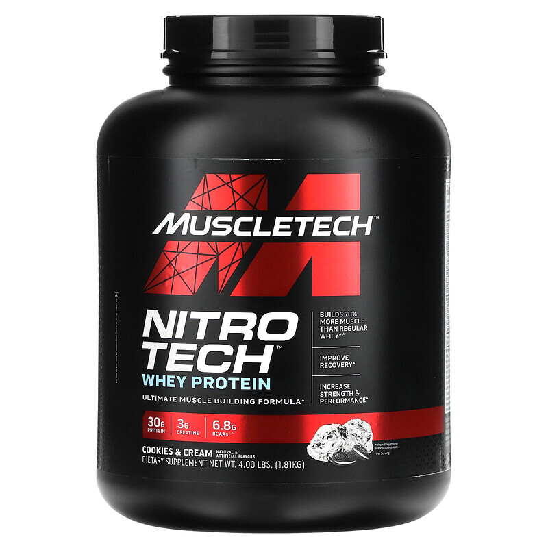 MuscleTech, Nitro Tech, сывороточный протеин, идеальная формула для наращивания мышечной массы, печенье и сливки, 1,81 кг (4 фунта)