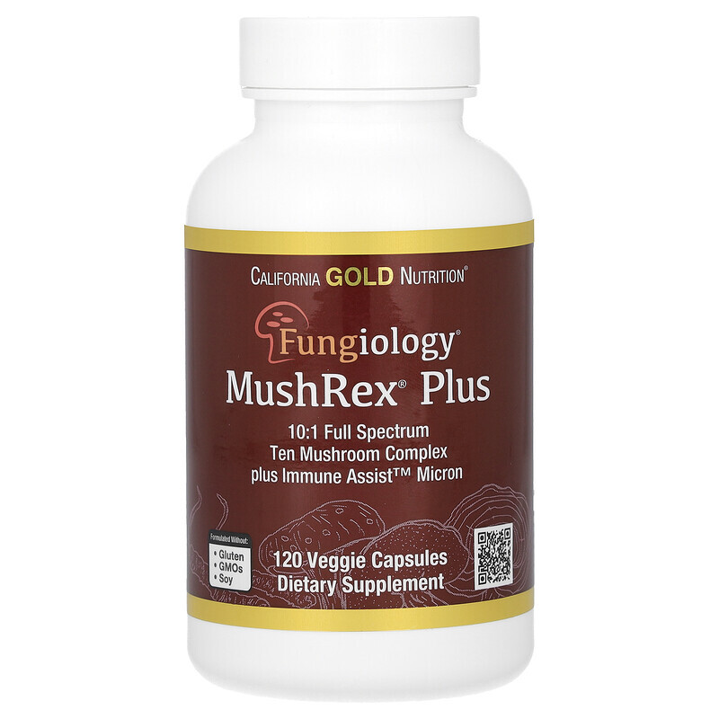 

California Gold Nutrition, Fungiology, MushRex Plus, Immune Assist Micron, комплекс грибов полного спектра, сертифицированный органический продукт, 120 растительных капсул