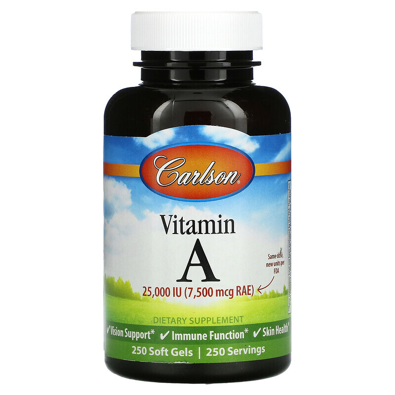 Carlson, витамин A, 7500 мкг RAE (25 000 МЕ), 250 мягких таблеток