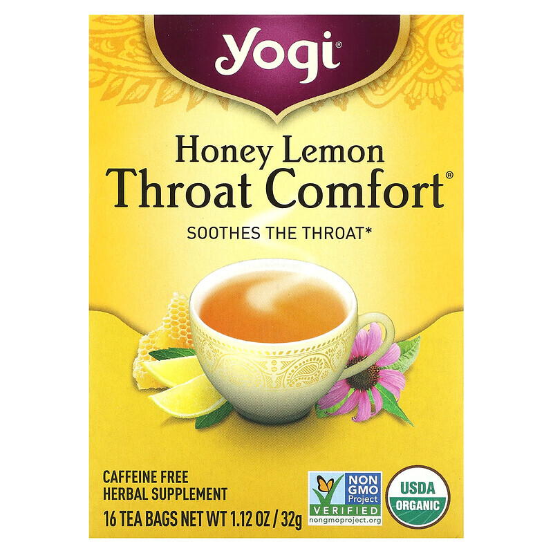 Yogi Tea, Органический, Throat Comfort, со вкусом меда и лимона, без кофеина, 16 чайных пакетиков, 1.12 унций (32 г)