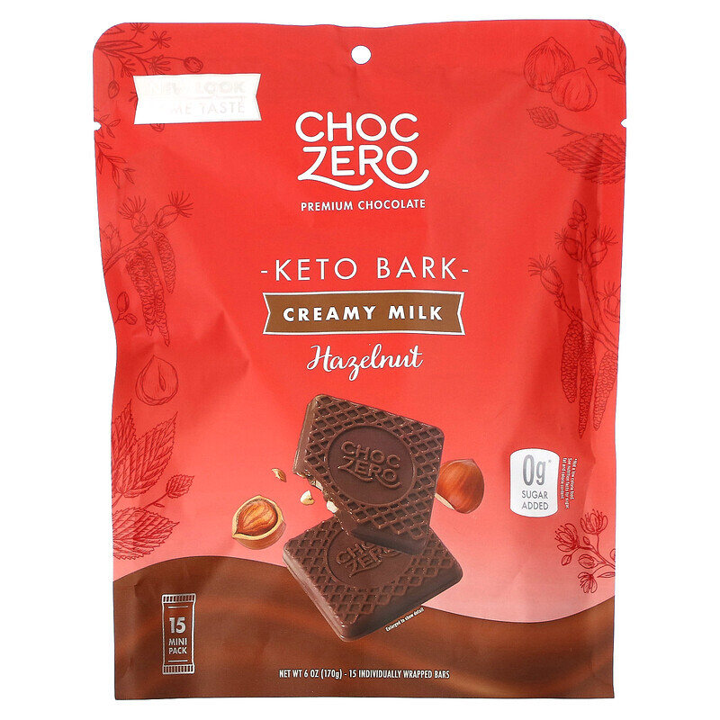 

ChocZero, Keto Bark, молочный шоколад, с фундуком, 15 мини-упаковок, 170 г (6 унций)