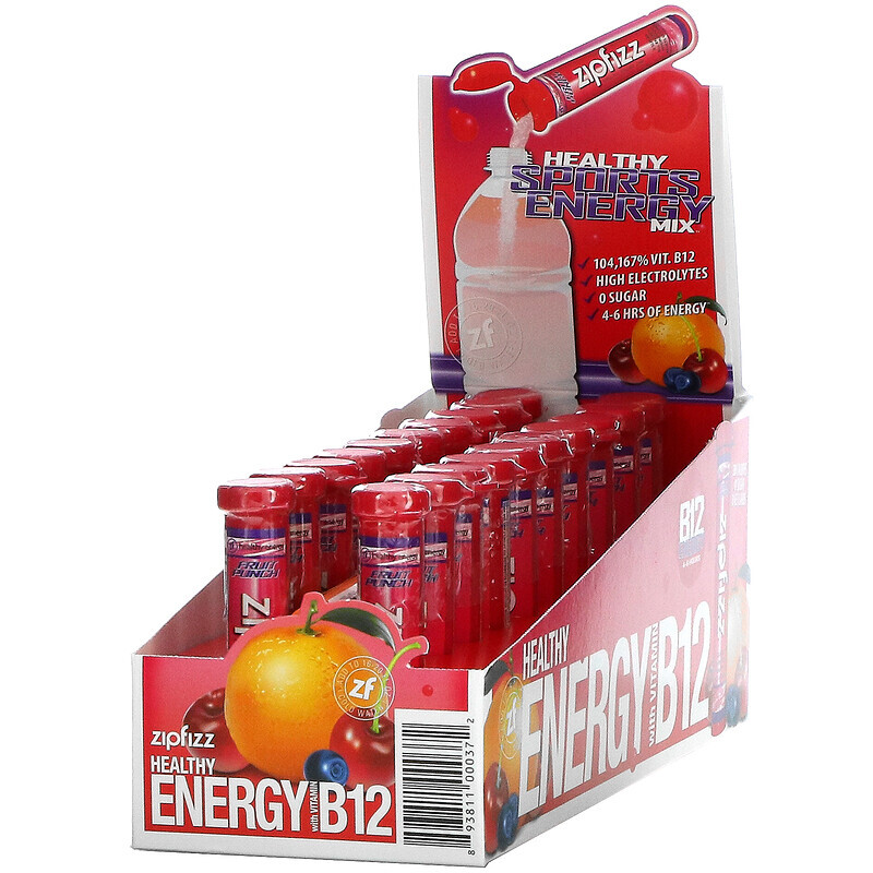 Zipfizz, Энергетическая смесь для здоровых видов спорта с витамином B12, фруктовый пунш, 20 тюбиков по 11 г (0,39 унции)