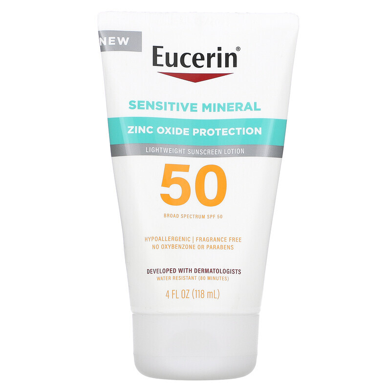 

Eucerin, Sensitive Mineral, легкий солнцезащитный лосьон, SPF 50, без отдушек, 118 мл (4 жидк. Унции)