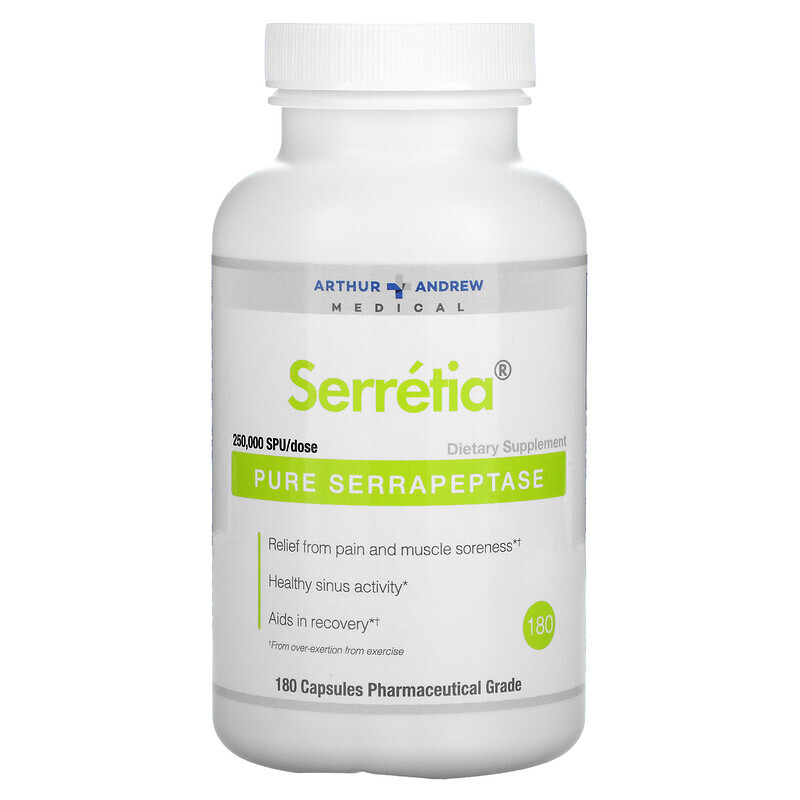 

Arthur Andrew Medical, Serretia, чистая серрапептаза, 500 мг, 180 капсул