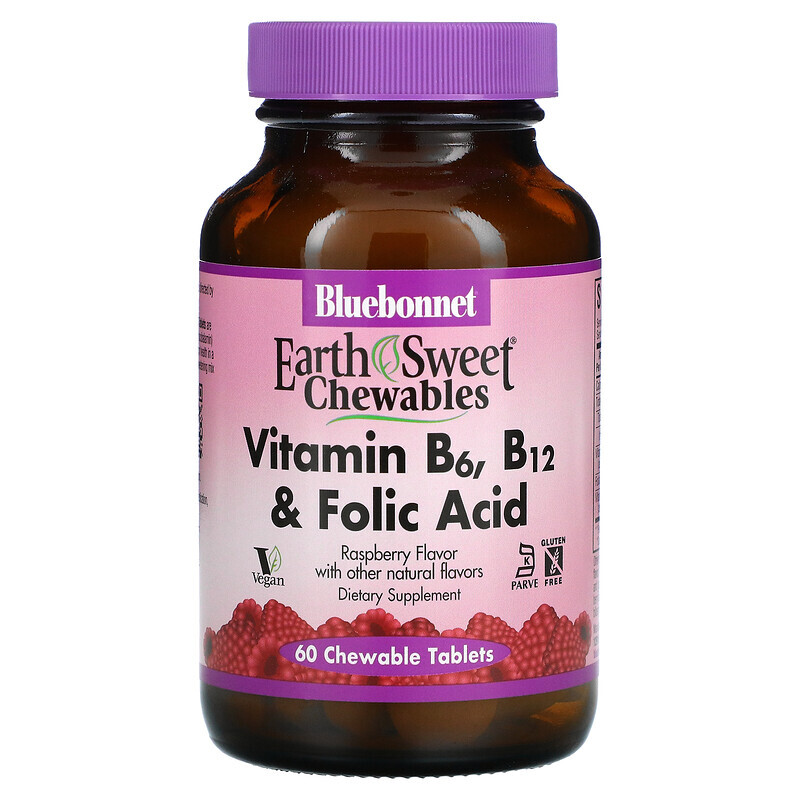 Bluebonnet Nutrition, Earth Sweet, жевательные таблетки с витаминами B6, B12 и фолиевой кислотой, со вкусом малины, 60 жевательных таблеток