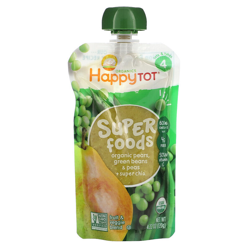 

Happy Family Organics, Happytot, Superfoods, Organic Pears, Green Beans & Peas + Super Chia, 4.22 oz (120 g)