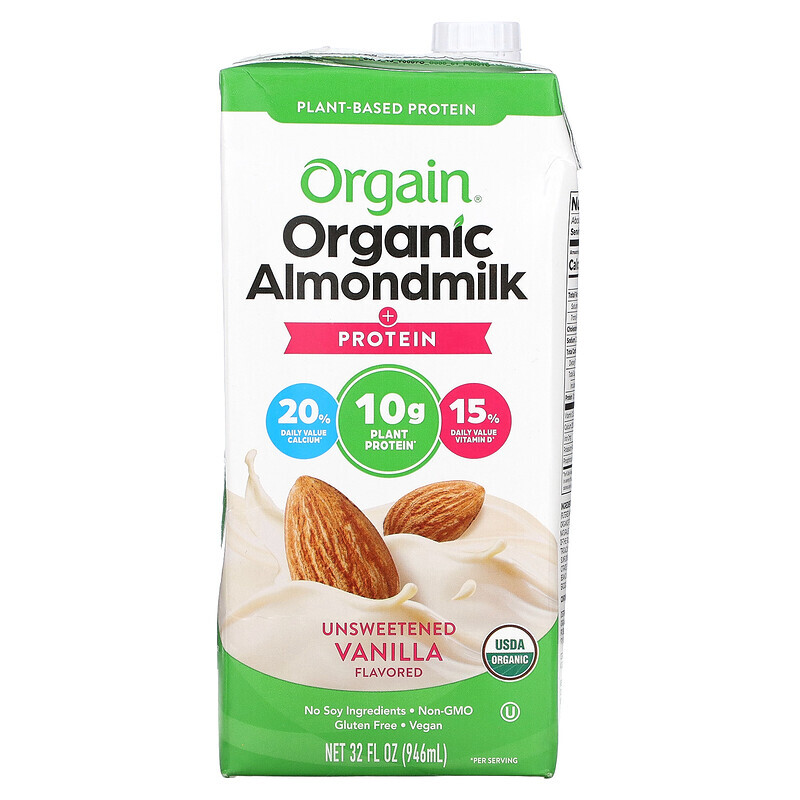 Orgain, Растительное, органическое миндальное молоко + протеин, несладкая ваниль, 946 мл (32 жидк. Унции)