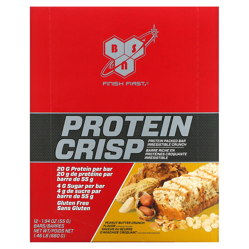 

BSN, Protein Crisp, кранч с арахисовой пастой, 12 батончиков, 56 г (1,97 унции) каждый