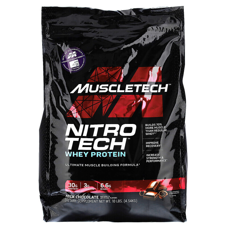 MuscleTech, Nitro Tech, Whey Peptides & Isolate Lean Musclebuilder, Milk Chocolate, 10 lbs (4.54 kg)