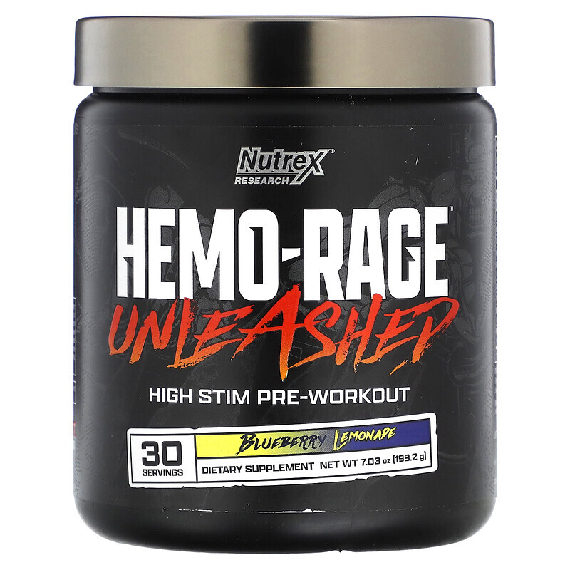 

Nutrex Research, Hemo-Rage Unleashed, High Stim перед тренировкой, черничный лимонад, 199,2 г (7,03 унции)