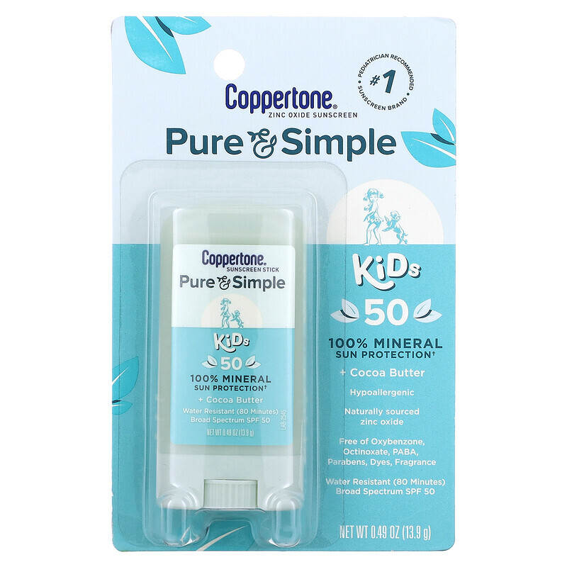 

Coppertone, Pure & Simple, Kids, солнцезащитный стик для детей, SPF 50, какао-масло, 13,9 г (0,49 унции)