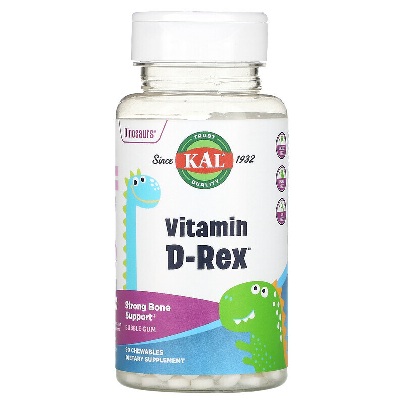 

KAL, Dinosaurs, Vitamin D-Rex, витамин D3, со вкусом жевательной резинки, 90 жевательных таблеток