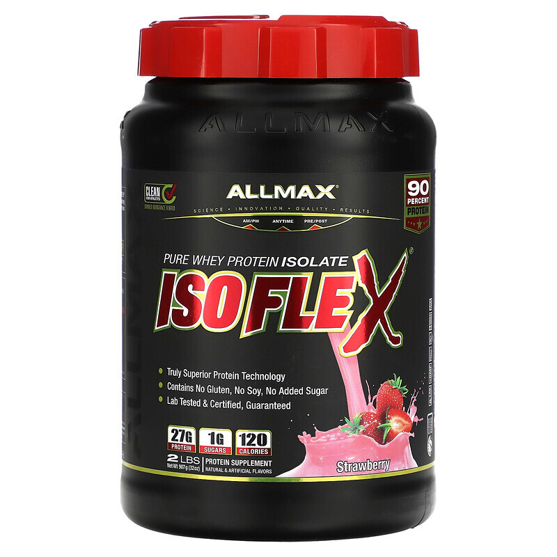 ALLMAX, Isoflex, 100% ультрачистый изолят сывороточного протеина (WPI - Технология ионной фильтрации), клубника, 2 фунта (907 г)