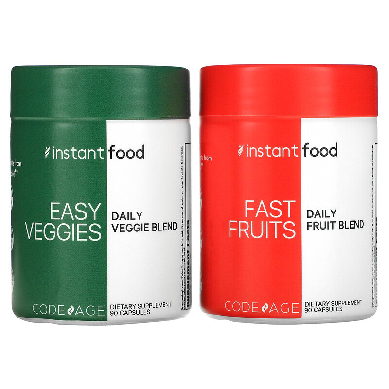 Codeage, Easy Veggies Daily Veggie Blend / Fast Fruits Daily Fruit Blend, 2 бутылки, 90 капсул в каждой