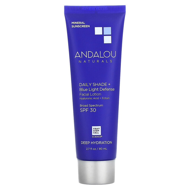 

Andalou Naturals, Daily Shade + лосьон для лица, защита от синего света, SPF 30, глубокое увлажнение, 80 мл (2,7 жидк. Унции)