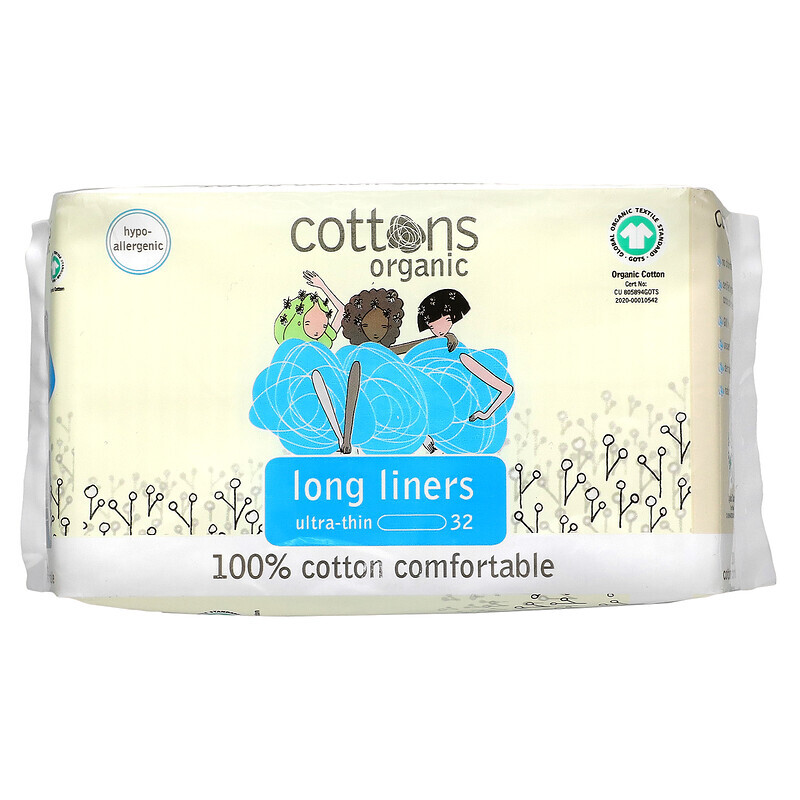 

Cottons, Organic, Long Liners, Ultra-Thin, Unscented, 32 Liners