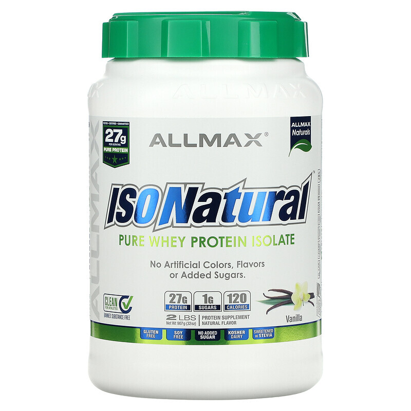 ALLMAX, IsoNatural, 100% ультра-очищенный натуральный изолят сывороточного протеина, со вкусом ванили, 907 г