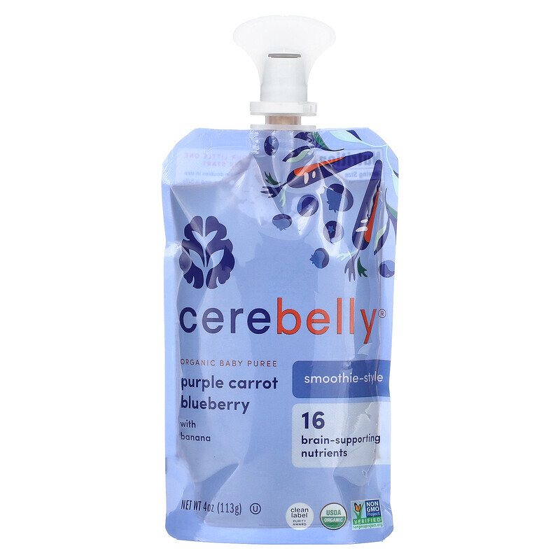 

Cerebelly, Органическое детское пюре, смузи, фиолетовая морковь и черника с бананом, 113 г (4 унции)