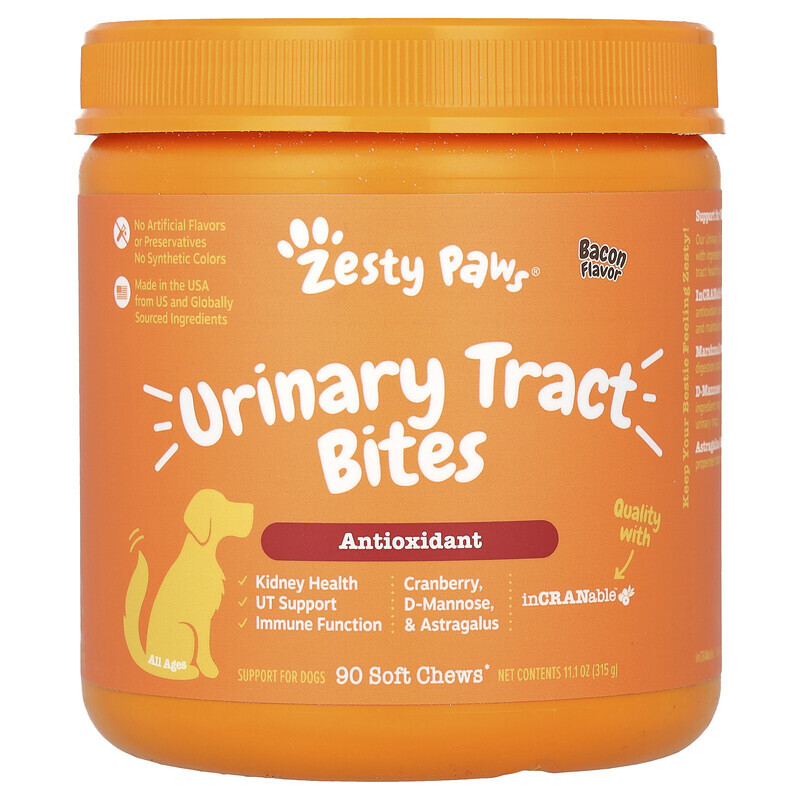 Zesty Paws, Cranberry Bladder Bites, добавка для собак с ароматизатором «Бекон», 90 мягких жевательных таблеток