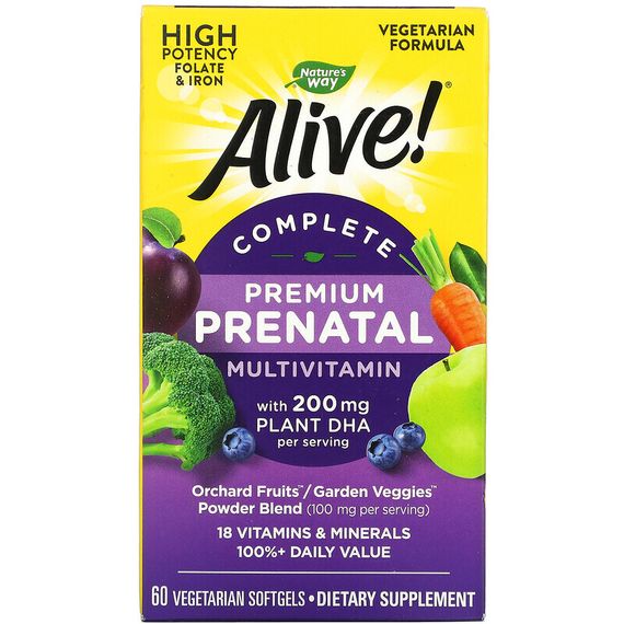 Nature&#39;s Way, Alive! полноценный мультивитаминный комплекс премиального качества для беременных, 200 мг, 60 вегетарианских мягких таблеток