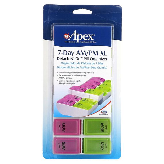 Apex, Detach N&#39; Go Pill Organizer, 7-дневный органайзер для таблеток с учетом приема 2 раза в день, размер XL, 1 шт.