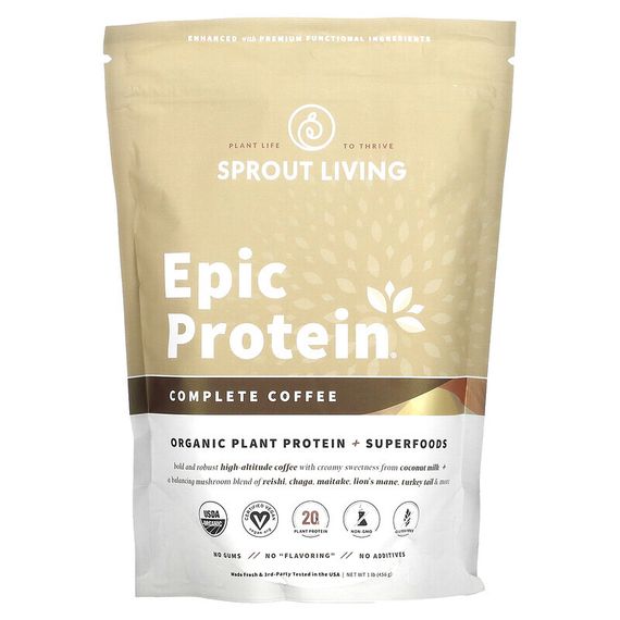 Sprout Living, Epic Protein, органический растительный протеин и суперфуды, оригинальный кофе, 494 г (1,1 фунта)