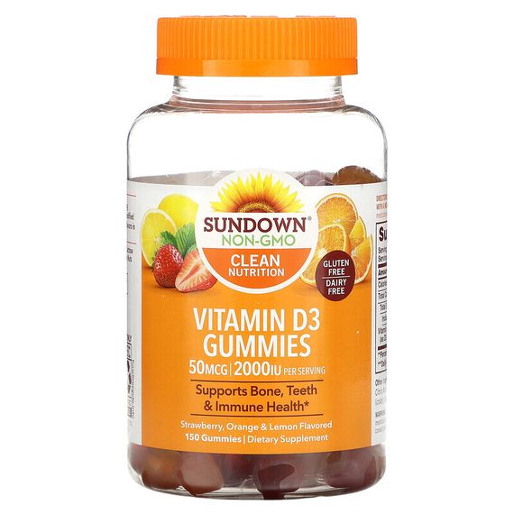 Sundown Naturals, Витамин D3, жевательные мармеладки, клубника, апельсин и лимон, 25 мкг (1000 МЕ), 150 жевательных таблеток