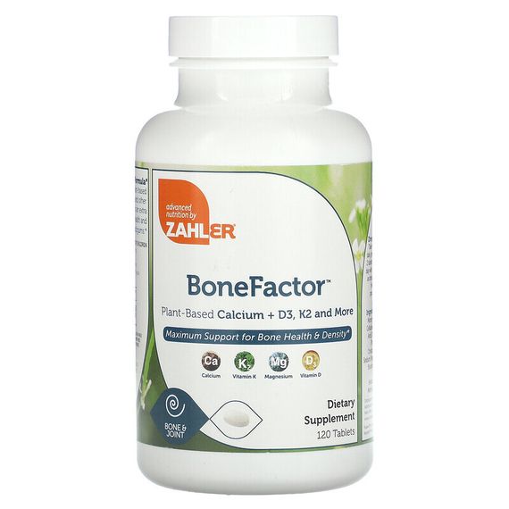 Zahler, BoneFactor, растительный кальций, витамины D3 и K2, 120 таблеток