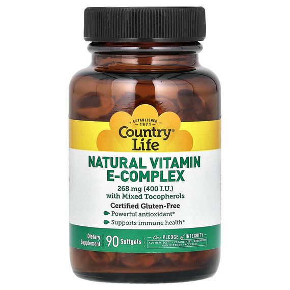 Country Life, комплекс натуральных витаминов группы E со смешанными токоферолами, 268 мг (400 МЕ), 90 капсул