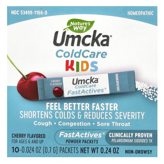 Nature&#39;s Way, Umcka, ColdCare Kids, FastActives, для детей от 6 лет, с вишневым вкусом, 10 пакетиков с порошком