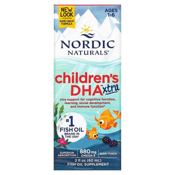 Nordic Naturals, Children&#39;s DHA Xtra, для детей возрастом 1–6 лет, вкус ягодного пунша, 880 мг, 60 мл (2 жидк. унции)