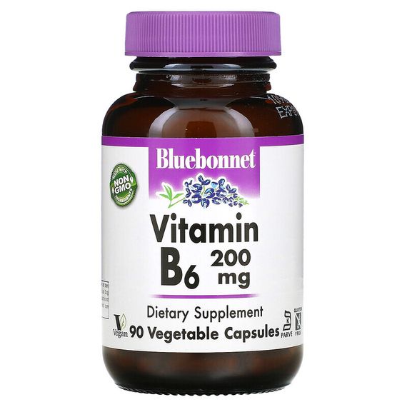 Bluebonnet Nutrition, витамин В6, 200 мг, 90 растительных капсул