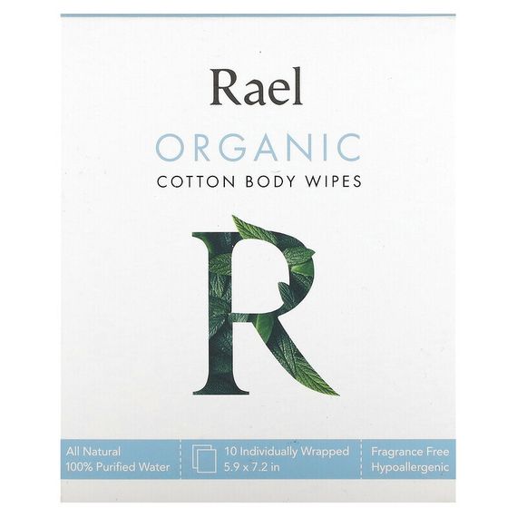 Rael, салфетки для тела из органического хлопка, без отдушки, 10 салфеток в индивидуальной упаковке