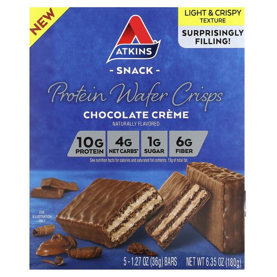 Atkins, Snack, протеиновые вафельные чипсы, шоколадный крем, 5 батончиков, 36 г (1,27 унции)