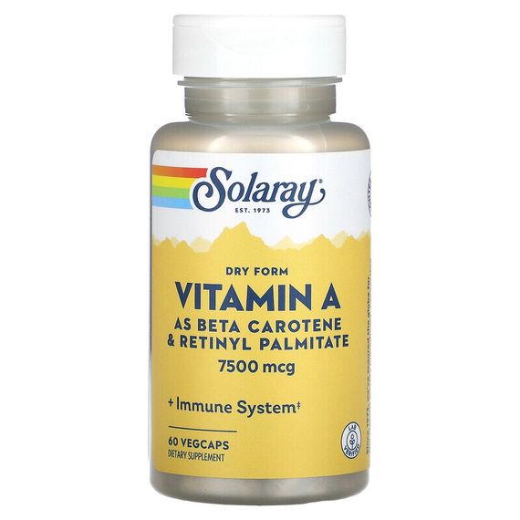 Solaray, витамин A в сухой форме, 7500 мкг, 60 растительных капсул