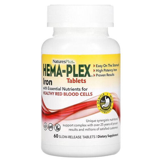 NaturesPlus, Hema-Plex, железо с незаменимыми питательными веществами для здоровых эритроцитов, 60 таблеток с медленным высвобождением
