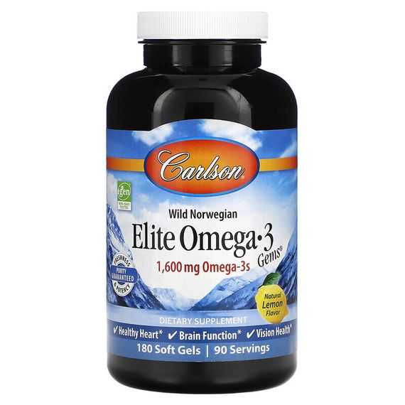 Carlson, Wild Caught, Elite Omega-3 Gems, отборные омега-3 кислоты, натуральный лимонный вкус, 800 мг, 180 капсул
