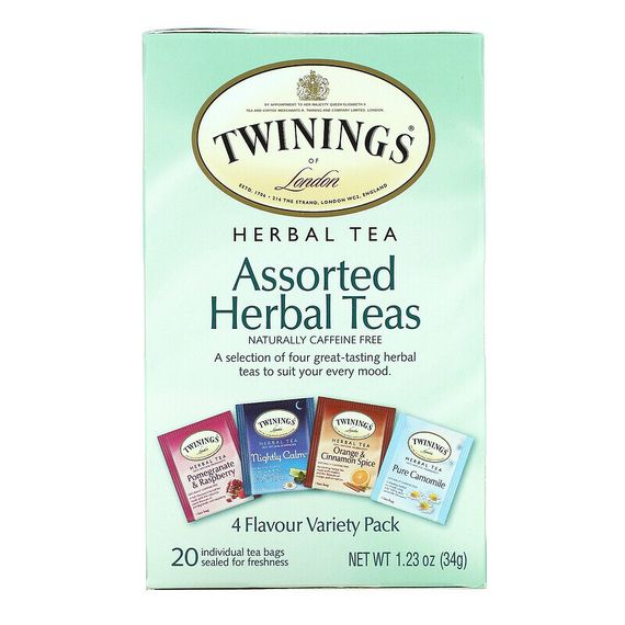 Twinings, Assorted Herbal Teas, Variety Pack, Caffeine Free, 20 Tea Bags, 1.23 oz (34 g)