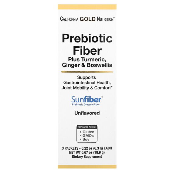 California Gold Nutrition, Prebiotic Fiber Plus Turmeric, Ginger, &amp; Boswellia, 3 Packets, 0.22 oz (6.3 g) Each
