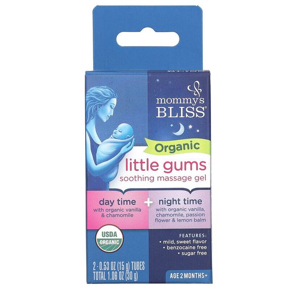 Mommy&#39;s Bliss, Organic Little Gums, успокаивающий массажный гель, дневной/ночной пакет, для детей в возрасте от 2 месяцев, 2 тюбика, 15 г (0,53 унции) каждый