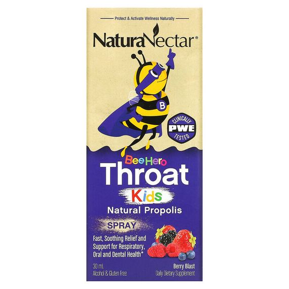 NaturaNectar, Bee Hero Throat Kids, Натуральный спрей с прополисом, Berry Blast, 30 мл
