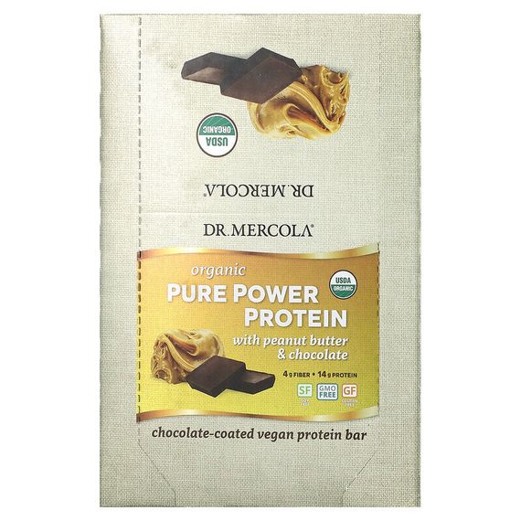 Dr. Mercola, Organic Pure Power Protein Bar, арахисовая паста и шоколад, 12 батончиков, 52 г (1,83 унции)