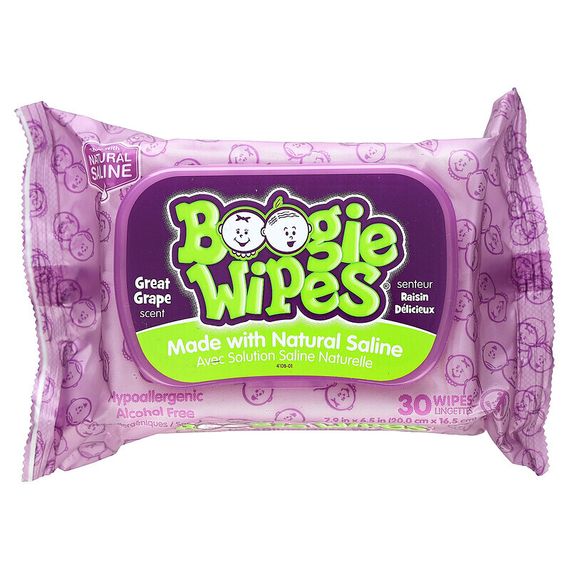 Boogie Wipes, Салфетки с натуральной солью для текущего носа, отличный виноградный запах, 30 салфеток