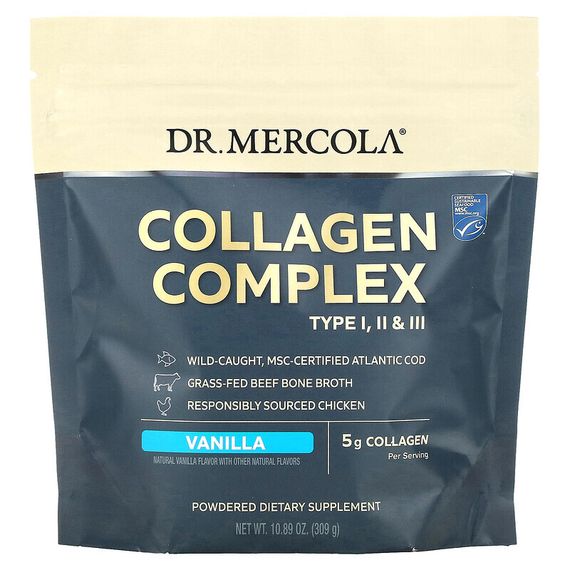 Dr. Mercola, Collagen Complex Type l, ll &amp; lll, ваниль, 5 г, 309 г (10,89 унции)