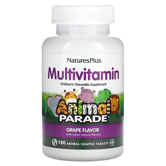 NaturesPlus, Animal Parade, жевательные мультивитамины для детей, со вкусом винограда, 180 таблеток в форме животных