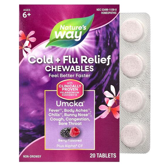 Nature&#39;s Way, Umcka, средство от простуды и гриппа, ягодный вкус, 20 жевательных таблеток