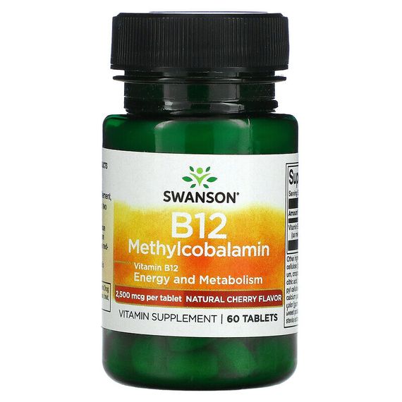 Swanson, B12, метилкобаламин, вишня, 60 таблеток