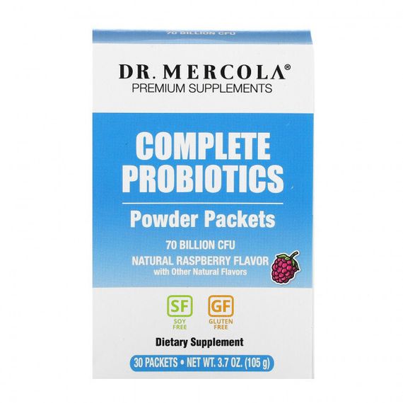 Dr. Mercola, комплекс пробиотиков в виде порошка в пакетиках, натуральный малиновый вкус, 70 млрд КОЕ, 30 пакетиков, по 3,5 г (0,12 унции) каждый